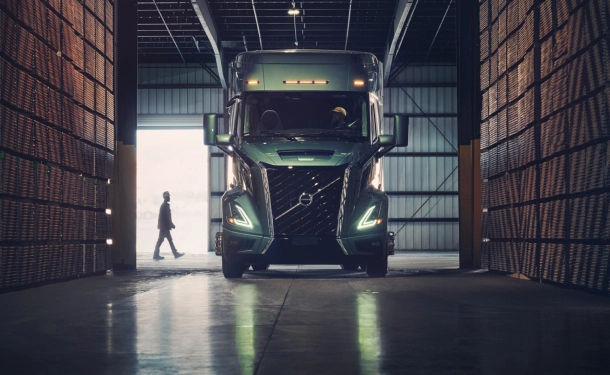 Volvo truck in a warehouse.